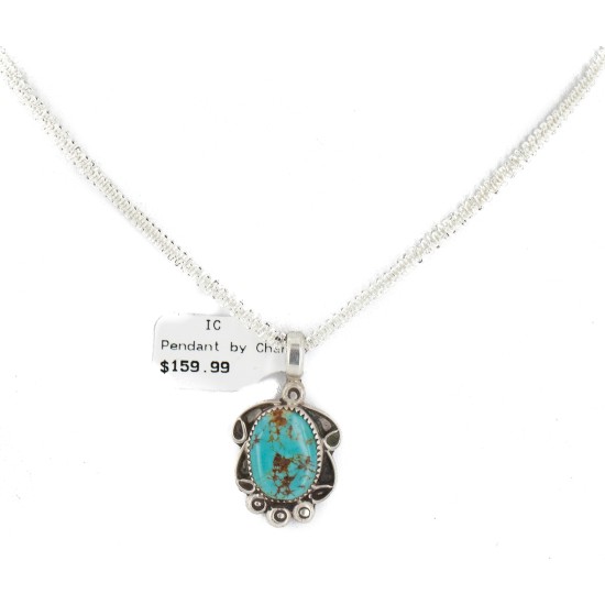 .925 Sterling Silver Certified Authentic Navajo Natural Turquoise Native American Necklace 12908-5