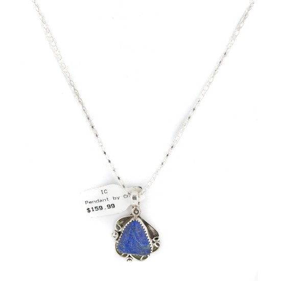 .925 Sterling Silver Certified Authentic Navajo Natural Lapis Native American Necklace 12908-7