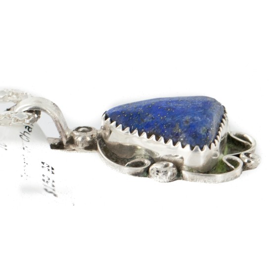 .925 Sterling Silver Certified Authentic Navajo Natural Lapis Native American Necklace 12908-7