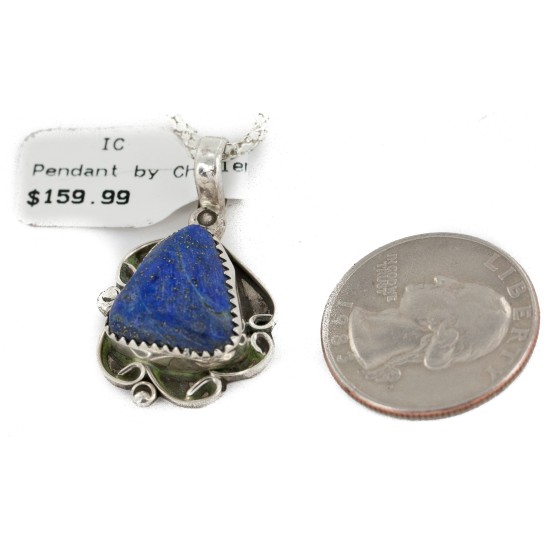 .925 Sterling Silver Certified Authentic Navajo Natural Lapis Native American Necklace 12908-7