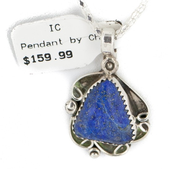 .925 Sterling Silver Certified Authentic Navajo Natural Lapis Native American Necklace 12908-7