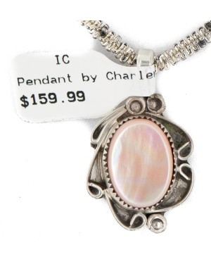 .925 Sterling Silver Certified Authentic Navajo Natural Mother of Pearl Native American Necklace 12908-2