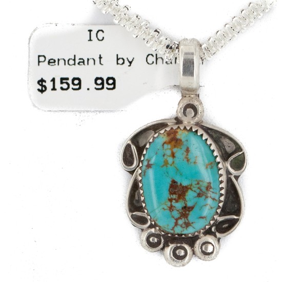.925 Sterling Silver Certified Authentic Navajo Natural Turquoise Native American Necklace 12908-5