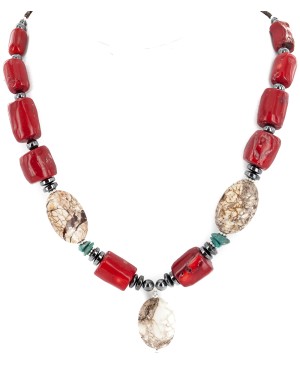 Certified Authentic Navajo .925 Sterling Silver Coral White Howlite Hematite Native American Necklace 16095