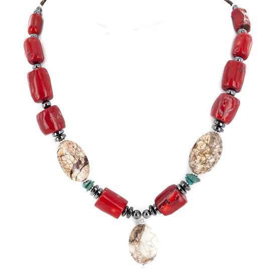 Certified Authentic Navajo .925 Sterling Silver Coral White Howlite Hematite Native American Necklace 16095
