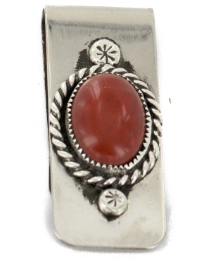 Handmade Certified Authentic Navajo Nickel and .925 Sterling Silver Natural Red Jasper Native American Money Clip 11250-1