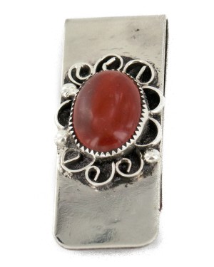 Handmade Certified Authentic Navajo Nickel and .925 Sterling Silver Natural Red Jasper Native American Money Clip 11250-3