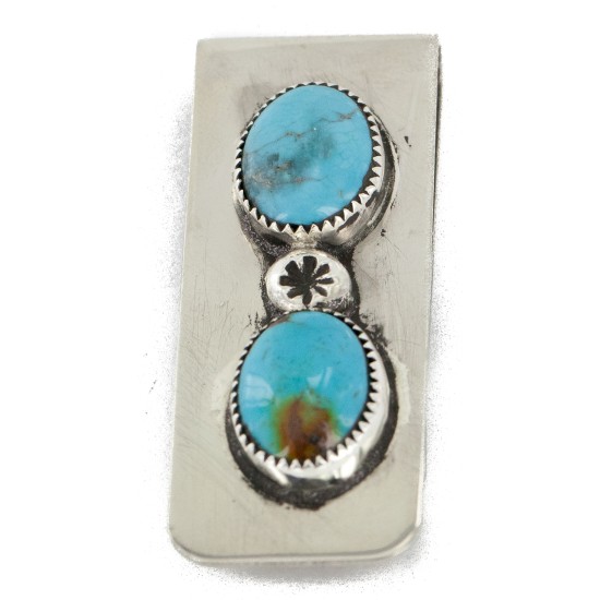 Handmade Certified Authentic Navajo Nickel and .925 Sterling Silver Natural Turquoise Native American Money Clip 11240-2