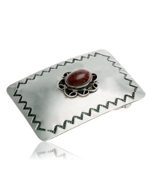 Certified Authentic Handmade Navajo Nickel Natural Red Jasper Native American Buckle 1217-4