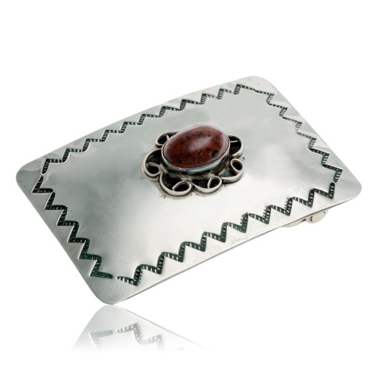 Certified Authentic Handmade Navajo Nickel Natural Red Jasper Native American Buckle 1217-4