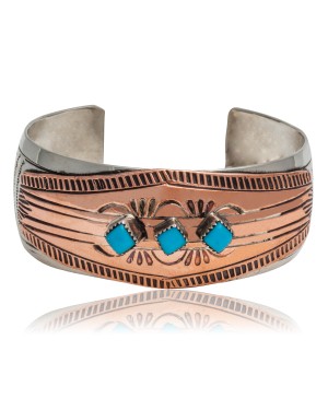 Handmade Certified Authentic Navajo Pure Nickel and Copper Native American Bracelet Natural Turquoise 12844-1