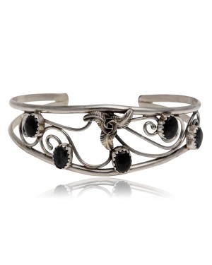 Handmade Certified Authentic Navajo .925 Sterling Silver Natural Black Onyx Native American Flower Cuff Bracelet 12946-4