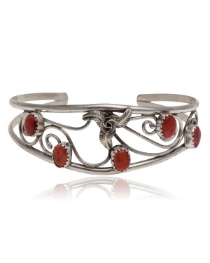 Handmade Certified Authentic .925 Sterling Silver Natural Coral Navajo Native American Cuff Bracelet 12947-1