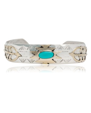 12kt Gold Filled and .925 Sterling Silver Certified Authentic Feather Handmade Navajo Natural Turquoise Native American Cuff Bracelet 12968-2