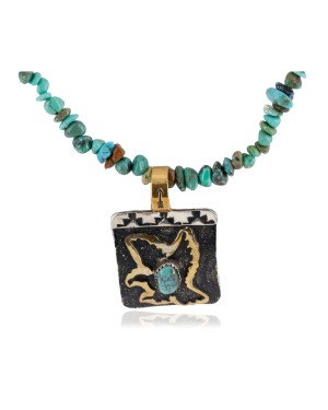 12kt Gold Filled .925 Sterling Silver Eagle Handmade Certified Authentic Navajo Natural Turquoise Coral Native American Necklace 24300-16025-2