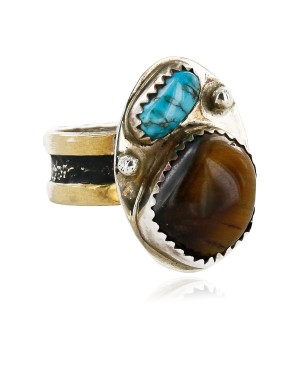 12kt Gold Filled 925 Sterling Silver Handmade Certified Authentic Navajo Natural Turquoise and Tigers Eye Native American Ring  12689-2