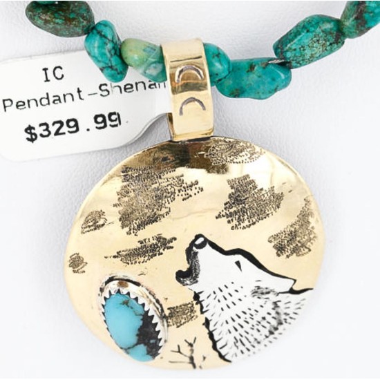 12kt Gold Filled .925 Sterling Silver Handmade Wolf and FULL Moon Certified Authentic Navajo Turquoise Native American Necklace 371013403470