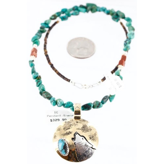 12kt Gold Filled .925 Sterling Silver Handmade Wolf and FULL Moon Certified Authentic Navajo Turquoise Native American Necklace 371013403470