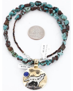 12kt Gold Filled .925 Sterling Silver Handmade Wolf and FULL Moon Certified Authentic Navajo Turquoise Native American Necklace 371014225464