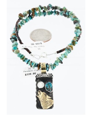 12kt Gold Filled .925 Sterling Silver Handmade Wolf and Full Moon Certified Authentic Navajo Turquoise Native American Necklace 390839430275