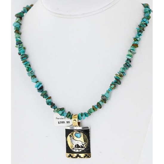 12kt Gold Filled .925 Sterling Silver Handmade Wolf and Full Moon Certified Authentic Navajo Turquoise Native American Necklace 390854056814