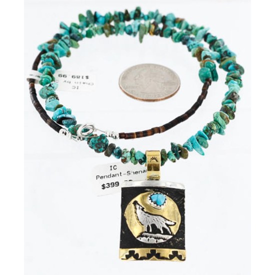 12kt Gold Filled .925 Sterling Silver Handmade Wolf and Full Moon Certified Authentic Navajo Turquoise Native American Necklace 390854056814