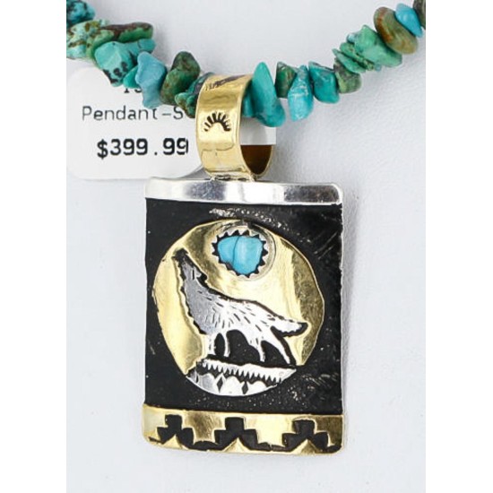 12kt Gold Filled .925 Sterling Silver Handmade Wolf and Full Moon Certified Authentic Navajo Turquoise Native American Necklace 390854056814