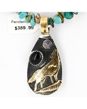 12kt Gold Filled .925 Sterling Silver Handmade Wolf and Moon Certified Authentic Navajo Black Onyx Native American Necklace 390829178503