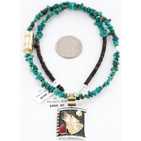 12kt Gold Filled .925 Sterling Silver Handmade Wolf and Moon Certified Authentic Navajo Coral Native American Necklace 371037500012