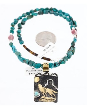 12kt Gold Filled .925 Sterling Silver Handmade Wolf and Moon Certified Authentic Navajo Turquoise Native American Necklace 390777391211