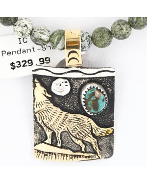 12kt Gold Filled .925 Sterling Silver Handmade Wolf and Moon Certified Authentic Navajo Turquoise Native American Necklace 390823273104