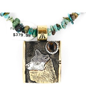 12kt Gold Filled .925 Sterling Silver Handmade Wolf Certified Authentic Navajo Tigers Eye Turquoise Native American Necklace 390829108731