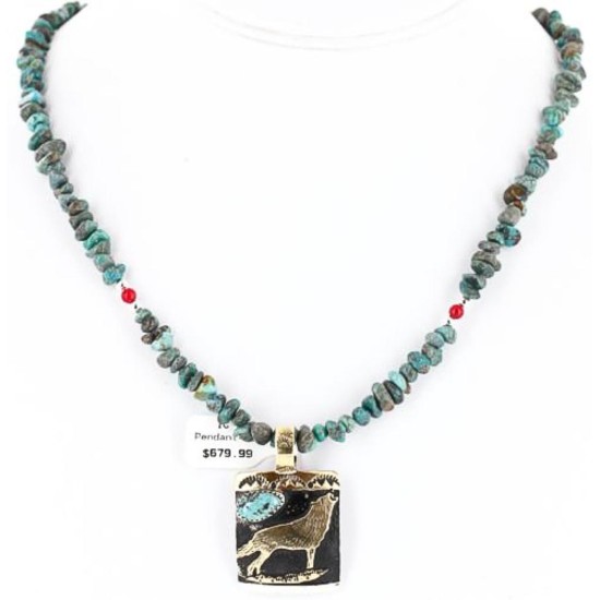 12kt Gold Filled .925 Sterling Silver Handmade Wolf Certified Authentic Navajo Turquoise Native American Necklace 371049319274