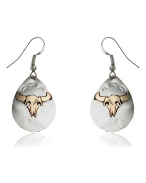 12kt Gold Filled and .925 Sterling Silver Bull Skull and Sun Handmade Certified Authentic Navajo Native American Dangle Earrings 24468