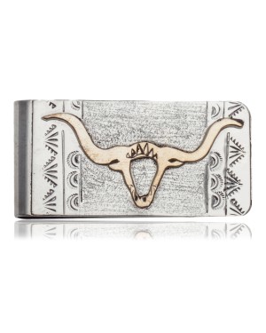 12kt Gold Filled and .925 Sterling Silver Bull Skull Handmade Certified Authentic Navajo Native American Money Clip  11251
