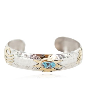 12kt Gold Filled and .925 Sterling Silver Certified Authentic Bear Paw Handmade Navajo Natural Turquoise Native American Bracelet 13094-2