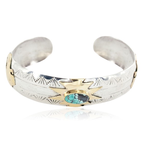12kt Gold Filled and .925 Sterling Silver Certified Authentic Buffalo Handmade Navajo Natural Spiderweb Turquoise Native American Bracelet 12970-2