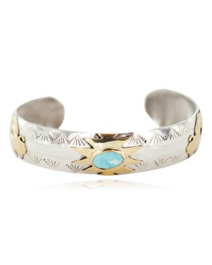 12kt Gold Filled and .925 Sterling Silver Certified Authentic Buffalo Handmade Navajo Natural Turquoise Native American Bracelet 13094-4