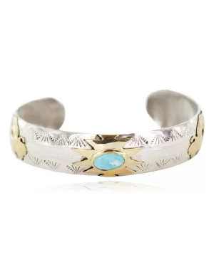 12kt Gold Filled and .925 Sterling Silver Buffalo Handmade Navajo Natural Turquoise Native American Bracelet 13094-4