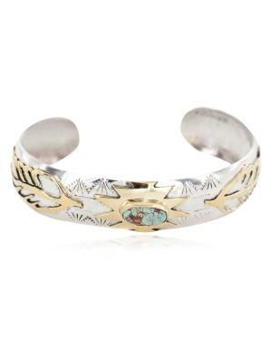 12kt Gold Filled and .925 Sterling Silver Certified Authentic Feather Handmade Navajo Natural Spiderweb Turquoise Native American Bracelet 12968-301