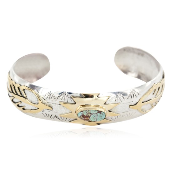 12kt Gold Filled and .925 Sterling Silver Certified Authentic Feather Handmade Navajo Natural Spiderweb Turquoise Native American Bracelet 12968-301