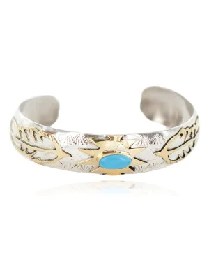 12kt Gold Filled and .925 Sterling Silver Feather Handmade Navajo Natural Turquoise Native American Bracelet 13094-3