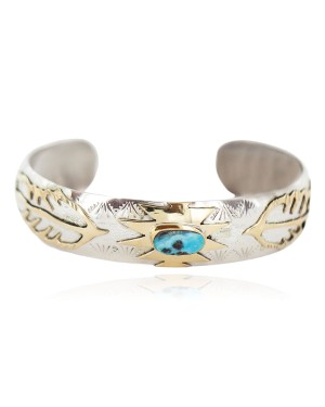 12kt Gold Filled and .925 Sterling Silver Certified Authentic Feather Handmade Navajo Natural Turquoise Native American Bracelet  13094-6
