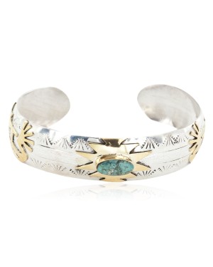12kt Gold Filled and .925 Sterling Silver Certified Authentic Kokopelli Handmade Navajo Natural Turquoise #8 Native American Bracelet 12966-8