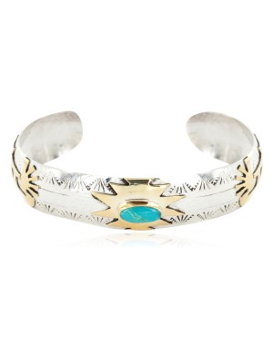 12kt Gold Filled and .925 Sterling Silver Certified Authentic Kokopelli Handmade Navajo Natural Turquoise Native American Bracelet 12966-3