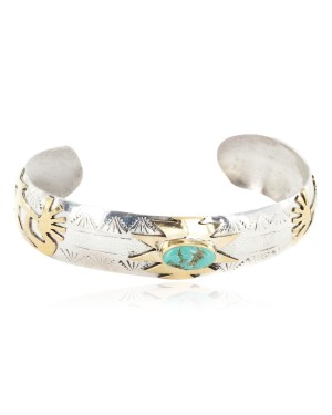 12kt Gold Filled and .925 Sterling Silver Certified Authentic Kokopelli Handmade Navajo Natural Turquoise Native American Bracelet 12966-4