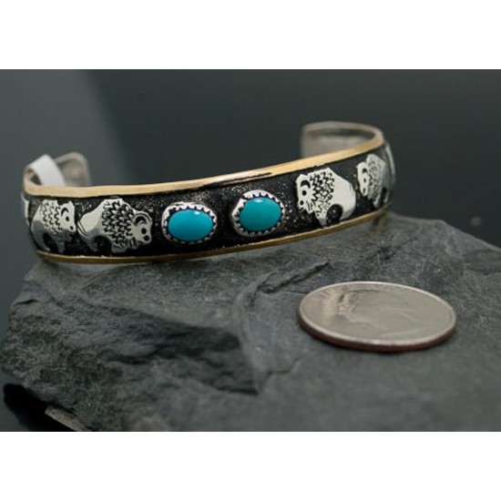 12kt Gold Filled and .925 Sterling Silver Handmade Buffalo Certified Authentic Navajo Turquoise Native American Bracelet 370915678143