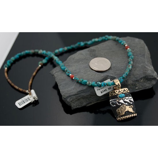 12kt Gold Filled and .925 Sterling Silver Handmade Buffalo Certified Authentic Navajo Turquoise Native American Necklace 390646443781