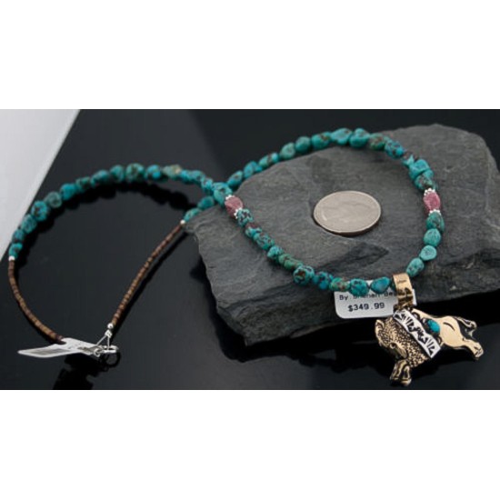 12kt Gold Filled and .925 Sterling Silver Handmade Buffalo Certified Authentic Navajo Turquoise Native American Necklace 390648410475
