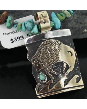 12kt Gold Filled and .925 Sterling Silver Handmade Buffalo Certified Authentic Navajo Turquoise Native American Necklace 390674946344